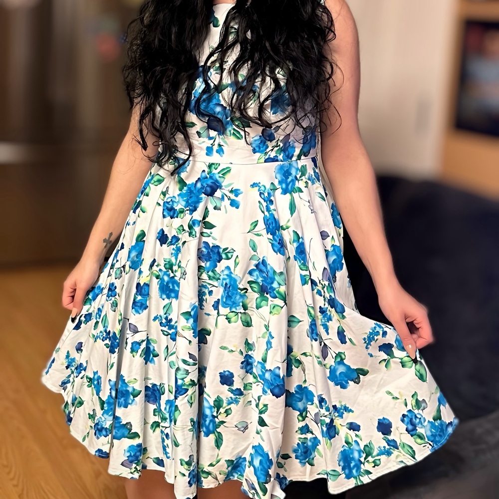 Grace Karin Blue Green Floral Sleeveless Ruffled Wrap Dress Adult L